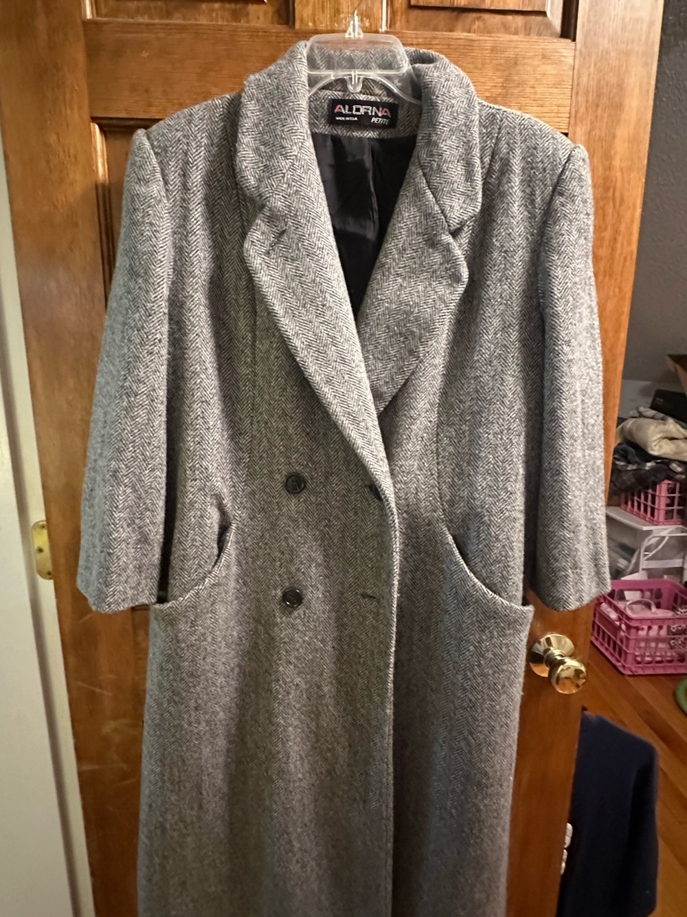 Grey Herringbone Wool-Blend Women's Long Coat